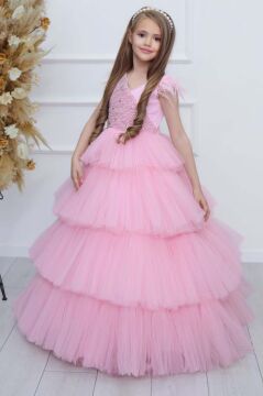 Kız Çocuk Gövdesi İnci Taş İşlemeli Kat Kat Tüllü Kolsuz Pembe Abiye