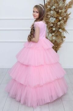 Kız Çocuk Gövdesi İnci Taş İşlemeli Kat Kat Tüllü Kolsuz Pembe Abiye