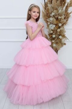 Kız Çocuk Gövdesi İnci Taş İşlemeli Kat Kat Tüllü Kolsuz Pembe Abiye