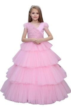 Kız Çocuk Gövdesi İnci Taş İşlemeli Kat Kat Tüllü Kolsuz Pembe Abiye