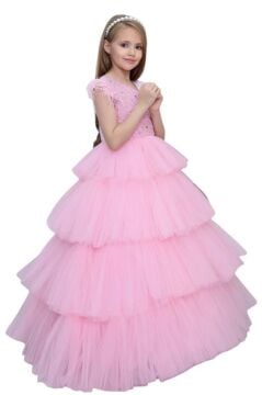 Kız Çocuk Gövdesi İnci Taş İşlemeli Kat Kat Tüllü Kolsuz Pembe Abiye