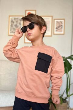 Erkek Çocuk Kapak Cepli Bisiklet Yaka Sweatshirt Somon Eşofman Takım