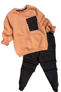 Erkek Çocuk Kapak Cepli Bisiklet Yaka Sweatshirt Somon Eşofman Takım