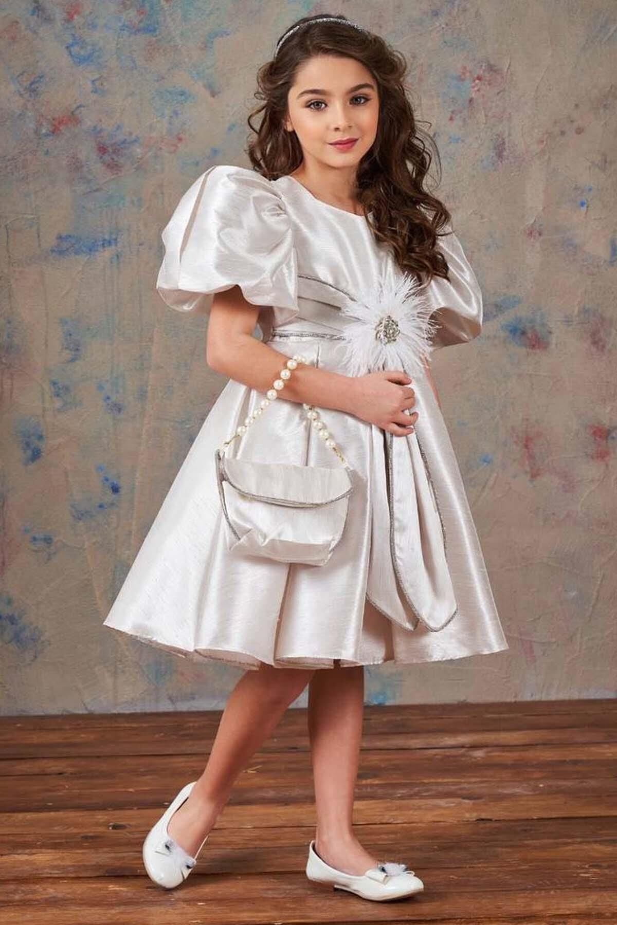 Kız Çocuk Balon Kollu Taş Şerit İşleme Kemer Detaylı Pliseli Saten Gri Abiye