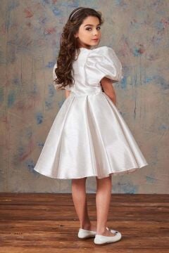 Kız Çocuk Balon Kollu Taş Şerit İşleme Kemer Detaylı Pliseli Saten Gri Abiye