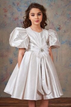 Kız Çocuk Balon Kollu Taş Şerit İşleme Kemer Detaylı Pliseli Saten Gri Abiye