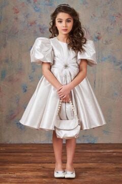 Kız Çocuk Balon Kollu Taş Şerit İşleme Kemer Detaylı Pliseli Saten Gri Abiye