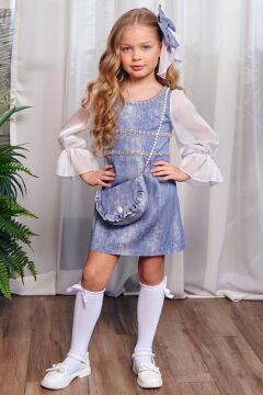Kız Çocuk Üzeri Yatay Taş Şerit İşlemeli Kolları Tül Kumaş Detaylı Mavi Kot Elbise