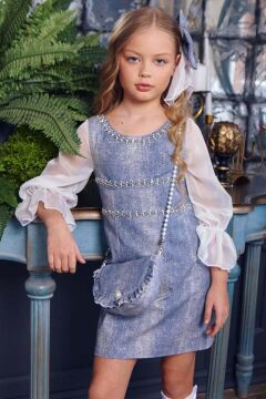 Kız Çocuk Üzeri Yatay Taş Şerit İşlemeli Kolları Tül Kumaş Detaylı Mavi Kot Elbise