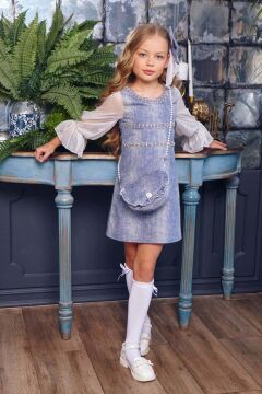 Kız Çocuk Üzeri Yatay Taş Şerit İşlemeli Kolları Tül Kumaş Detaylı Mavi Kot Elbise