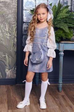 Kız Çocuk Üzeri Yatay Taş Şerit İşlemeli Kolları Tül Kumaş Detaylı Mavi Kot Elbise