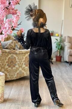 Kız Çocuk Kolları İnci İşlemeli Yakası Tül Detaylı Kare Yaka Kadife Siyah Tulum