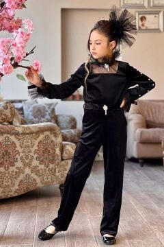 Kız Çocuk Kolları İnci İşlemeli Yakası Tül Detaylı Kare Yaka Kadife Siyah Tulum