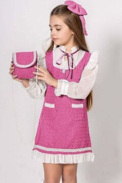 Kız Çocuk Kolları ve Yakası Şifon Etek Ucu Fırfırlı İnci İşlemeli Çift Cepli Pembe Triko Elbise