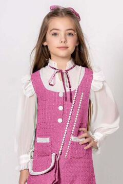 Kız Çocuk Kolları ve Yakası Şifon Etek Ucu Fırfırlı İnci İşlemeli Çift Cepli Pembe Triko Elbise