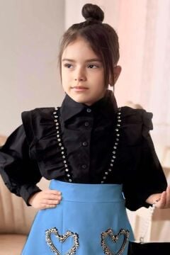 Kız Çocuk Taş İşlemeli Fırfırlı Mavi Etekli Takım