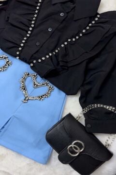 Kız Çocuk Taş İşlemeli Fırfırlı Mavi Etekli Takım