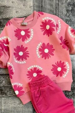 Kız Çocuk Sunshine Yazı ve Çiçek Baskılı Beli manşetli Pembe Eşofman Takım