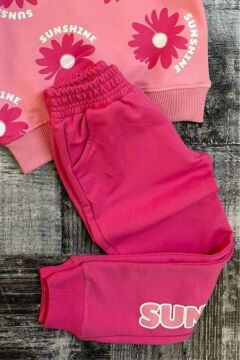 Kız Çocuk Sunshine Yazı ve Çiçek Baskılı Beli manşetli Pembe Eşofman Takım