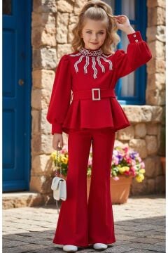 Kız Çocuk Yakası İnci Detaylı ve Astarlı Bluz Bol Kesim Pantolon Kemerli Kırmızı Alt Üst Takım