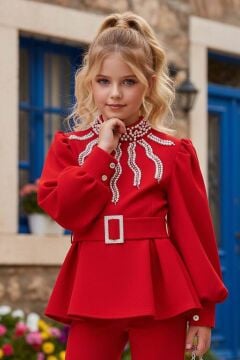 Kız Çocuk Yakası İnci Detaylı ve Astarlı Bluz Bol Kesim Pantolon Kemerli Kırmızı Alt Üst Takım