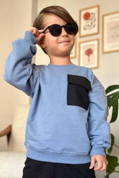 Erkek Çocuk Kapak Cepli Bisiklet Yaka Sweatshirt Mavi Eşofman Takım