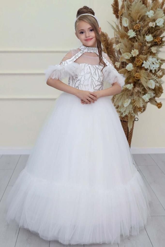 Kız Çocuk Göğsü Simli Jakar Detaylı Çıkarılabilir Yaka Omuzları İncili Kolsuz Beyaz Abiye