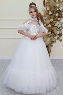 Kız Çocuk Göğsü Simli Jakar Detaylı Çıkarılabilir Yaka Omuzları İncili Kolsuz Beyaz Abiye