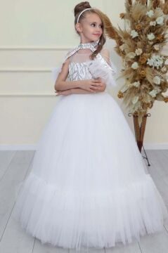 Kız Çocuk Göğsü Simli Jakar Detaylı Çıkarılabilir Yaka Omuzları İncili Kolsuz Beyaz Abiye