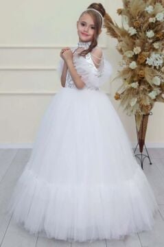 Kız Çocuk Göğsü Simli Jakar Detaylı Çıkarılabilir Yaka Omuzları İncili Kolsuz Beyaz Abiye