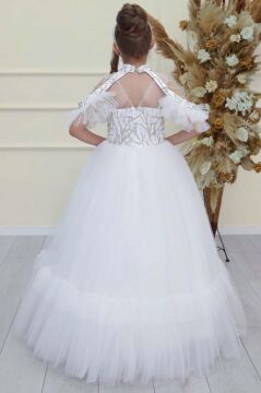 Kız Çocuk Göğsü Simli Jakar Detaylı Çıkarılabilir Yaka Omuzları İncili Kolsuz Beyaz Abiye