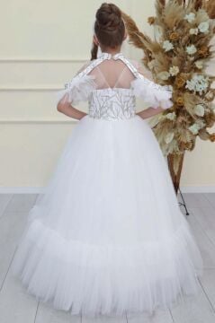 Kız Çocuk Göğsü Simli Jakar Detaylı Çıkarılabilir Yaka Omuzları İncili Kolsuz Beyaz Abiye