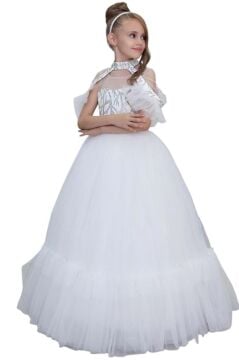 Kız Çocuk Göğsü Simli Jakar Detaylı Çıkarılabilir Yaka Omuzları İncili Kolsuz Beyaz Abiye