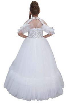 Kız Çocuk Göğsü Simli Jakar Detaylı Çıkarılabilir Yaka Omuzları İncili Kolsuz Beyaz Abiye