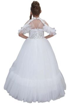 Kız Çocuk Göğsü Simli Jakar Detaylı Çıkarılabilir Yaka Omuzları İncili Kolsuz Beyaz Abiye