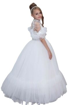 Kız Çocuk Göğsü Simli Jakar Detaylı Çıkarılabilir Yaka Omuzları İncili Kolsuz Beyaz Abiye