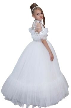 Kız Çocuk Göğsü Simli Jakar Detaylı Çıkarılabilir Yaka Omuzları İncili Kolsuz Beyaz Abiye