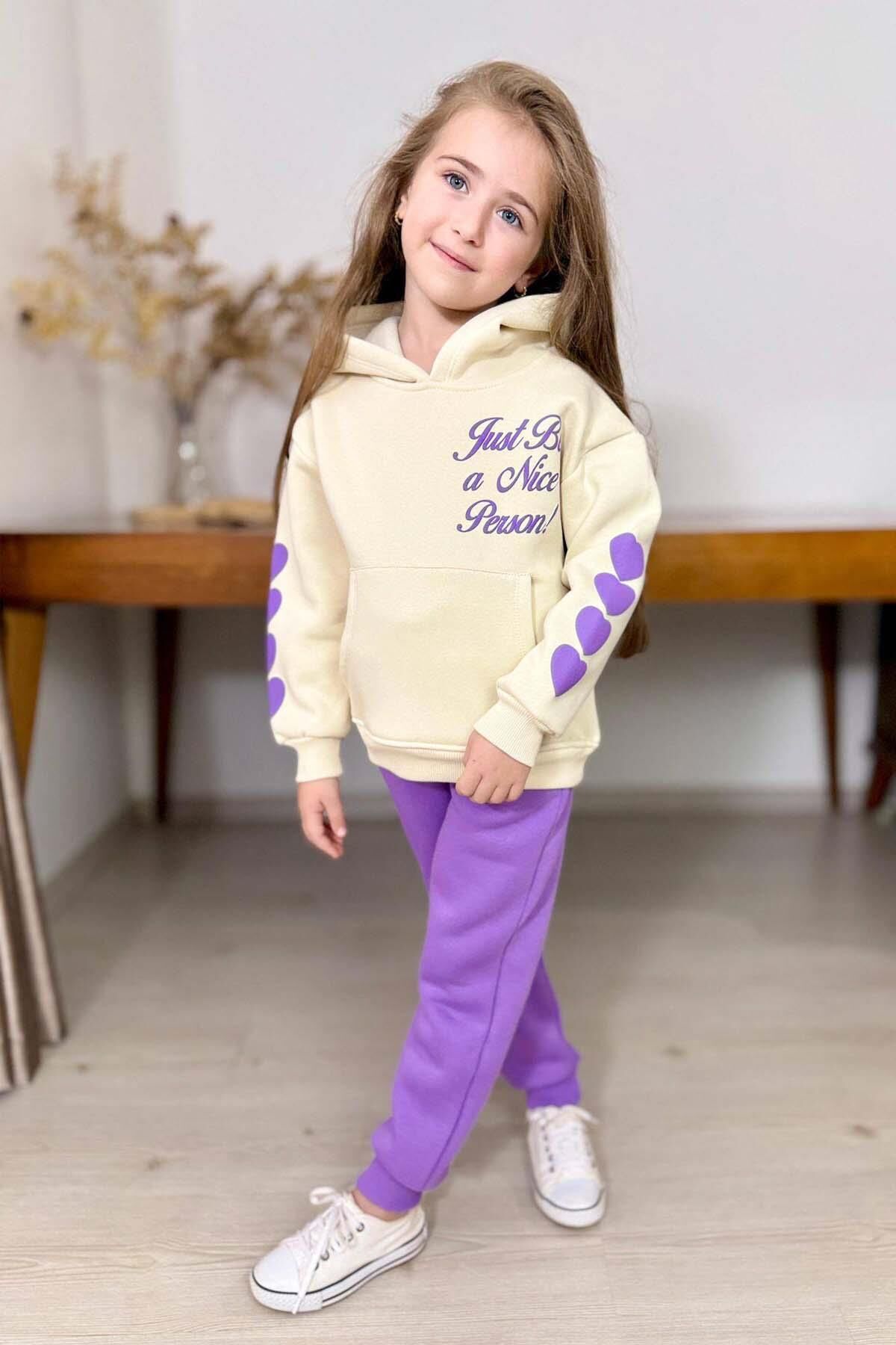 Kız Çocuk Sırt Baskılı ve Kollarında Yazı Detaylı Sweatshirt Mor Eşofman Takım