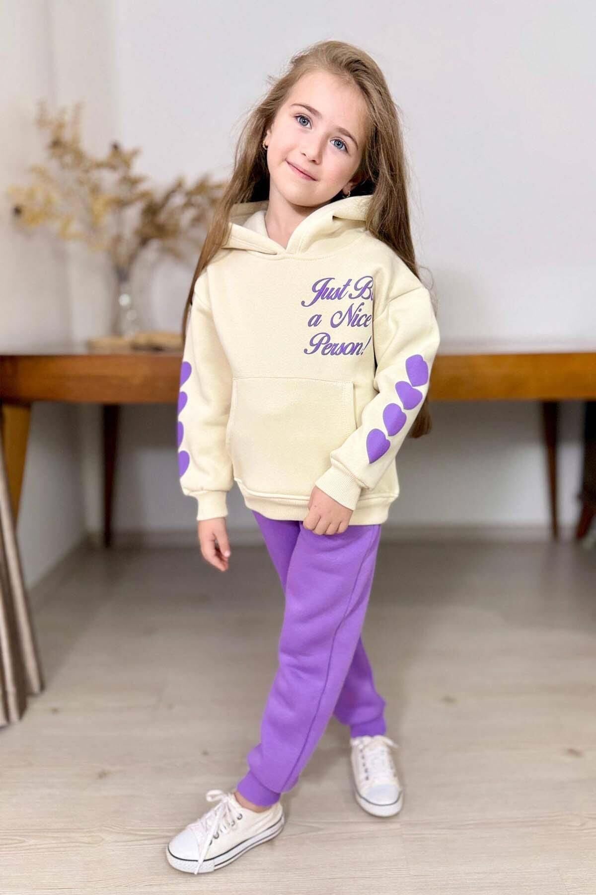 Kız Çocuk Sırt Baskılı ve Kollarında Yazı Detaylı Sweatshirt Mor Eşofman Takım