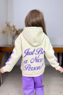 Kız Çocuk Sırt Baskılı ve Kollarında Yazı Detaylı Sweatshirt Mor Eşofman Takım