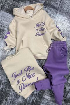 Kız Çocuk Sırt Baskılı ve Kollarında Yazı Detaylı Sweatshirt Mor Eşofman Takım