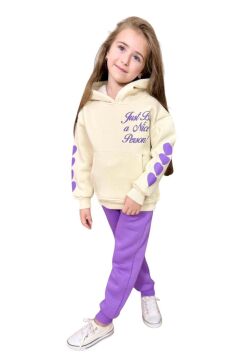 Kız Çocuk Sırt Baskılı ve Kollarında Yazı Detaylı Sweatshirt Mor Eşofman Takım