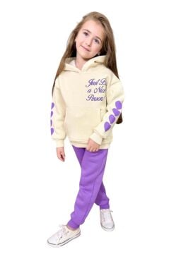 Kız Çocuk Sırt Baskılı ve Kollarında Yazı Detaylı Sweatshirt Mor Eşofman Takım