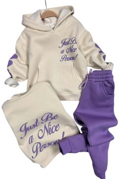 Kız Çocuk Sırt Baskılı ve Kollarında Yazı Detaylı Sweatshirt Mor Eşofman Takım