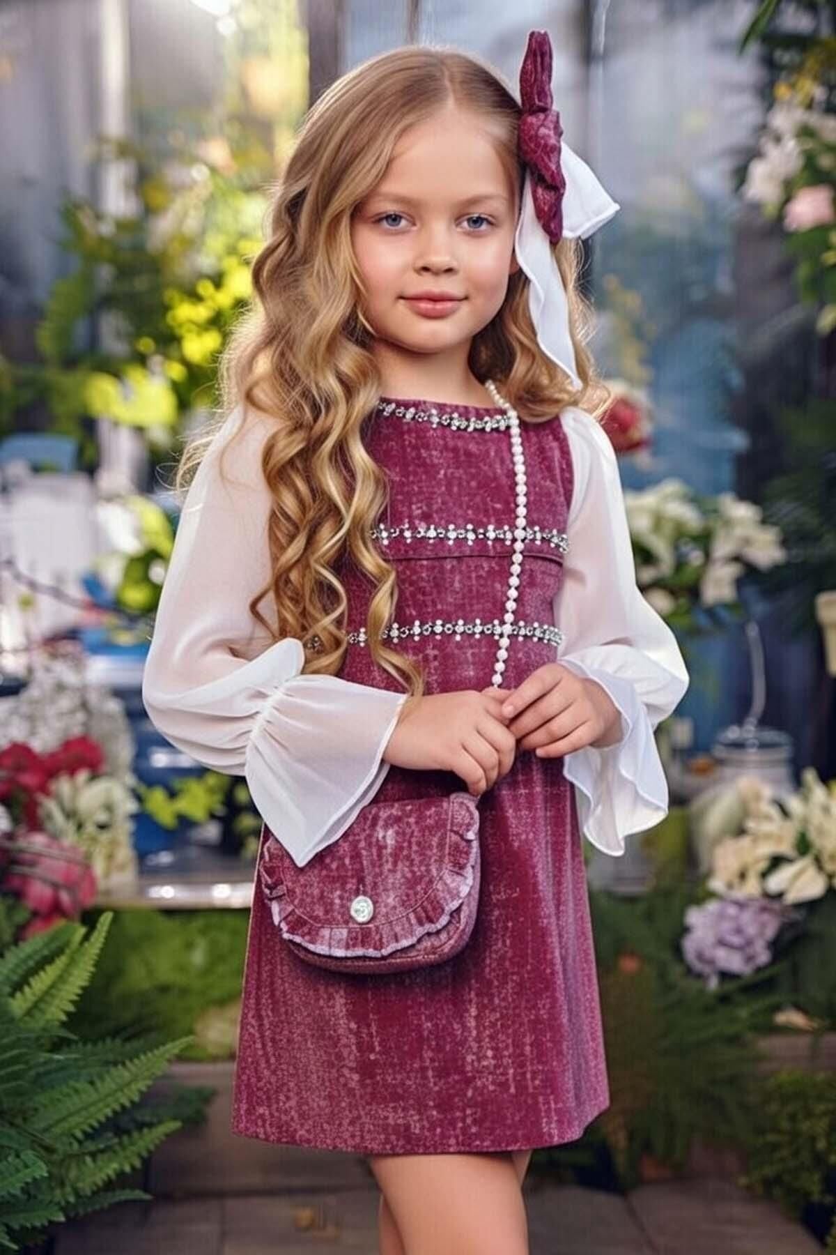 Kız Çocuk Üzeri Yatay Taş Şerit İşlemeli Kolları Tül Kumaş Detaylı Bordo Kot Elbise