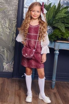 Kız Çocuk Üzeri Yatay Taş Şerit İşlemeli Kolları Tül Kumaş Detaylı Bordo Kot Elbise
