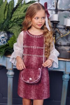 Kız Çocuk Üzeri Yatay Taş Şerit İşlemeli Kolları Tül Kumaş Detaylı Bordo Kot Elbise
