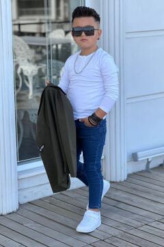 Erkek Çocuk Armalı Blazer Ceket ve Uzun Kollu Düğmeli Tişört Haki Alt Üst Takım