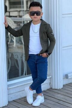 Erkek Çocuk Armalı Blazer Ceket ve Uzun Kollu Düğmeli Tişört Haki Alt Üst Takım