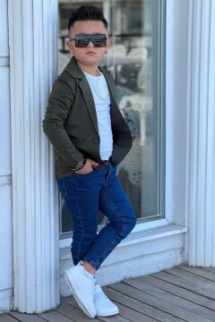 Erkek Çocuk Armalı Blazer Ceket ve Uzun Kollu Düğmeli Tişört Haki Alt Üst Takım